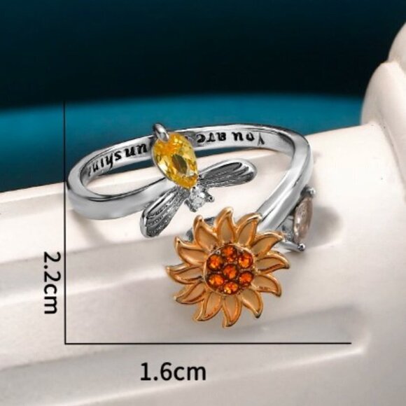 Bee Spinning Sunflower Fidget Rhinestones 925 Stainless Cuff Ring - Picture 2 of 2